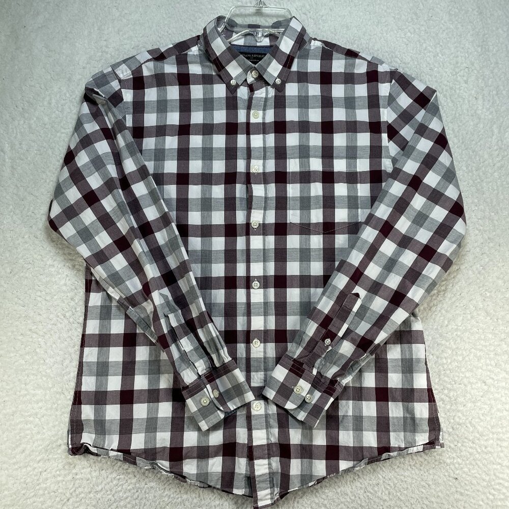 Banana Republic Shirt Mens Sz Large Red Gray Check Soft Wash Slim Fit Shirt